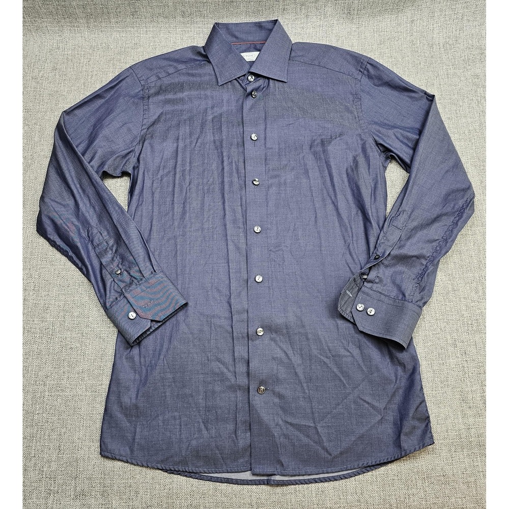 Eton Shirt Mens 15.5/39 Blue Solid Contemporary Long Sleeve Dress Twill Formal